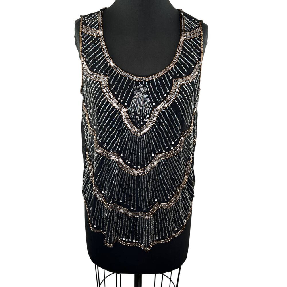 AWAKE Couture Black Beaded Sequin Embellished Sleeveless Blouse Sheer Evening M